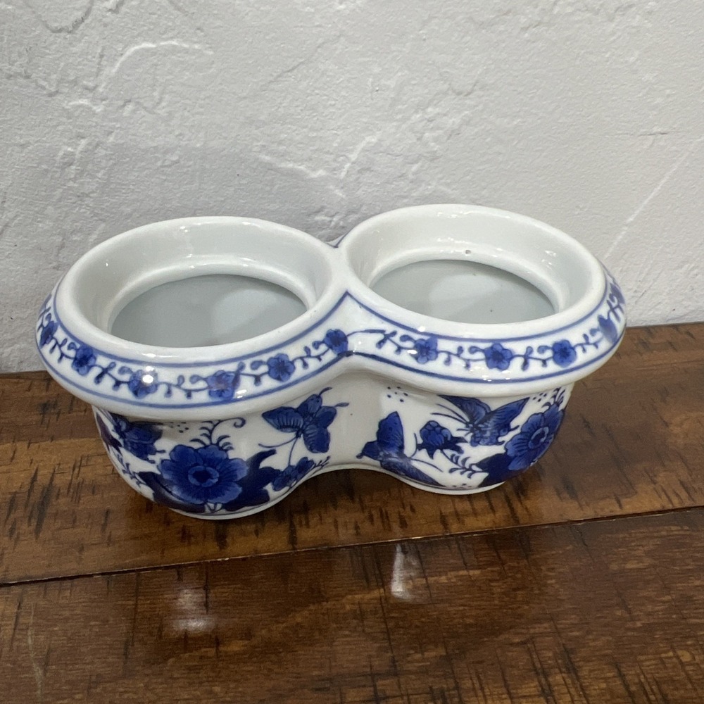 Blue & White Porcelain Floral & Butterfly Double Planter White and Blue 6"